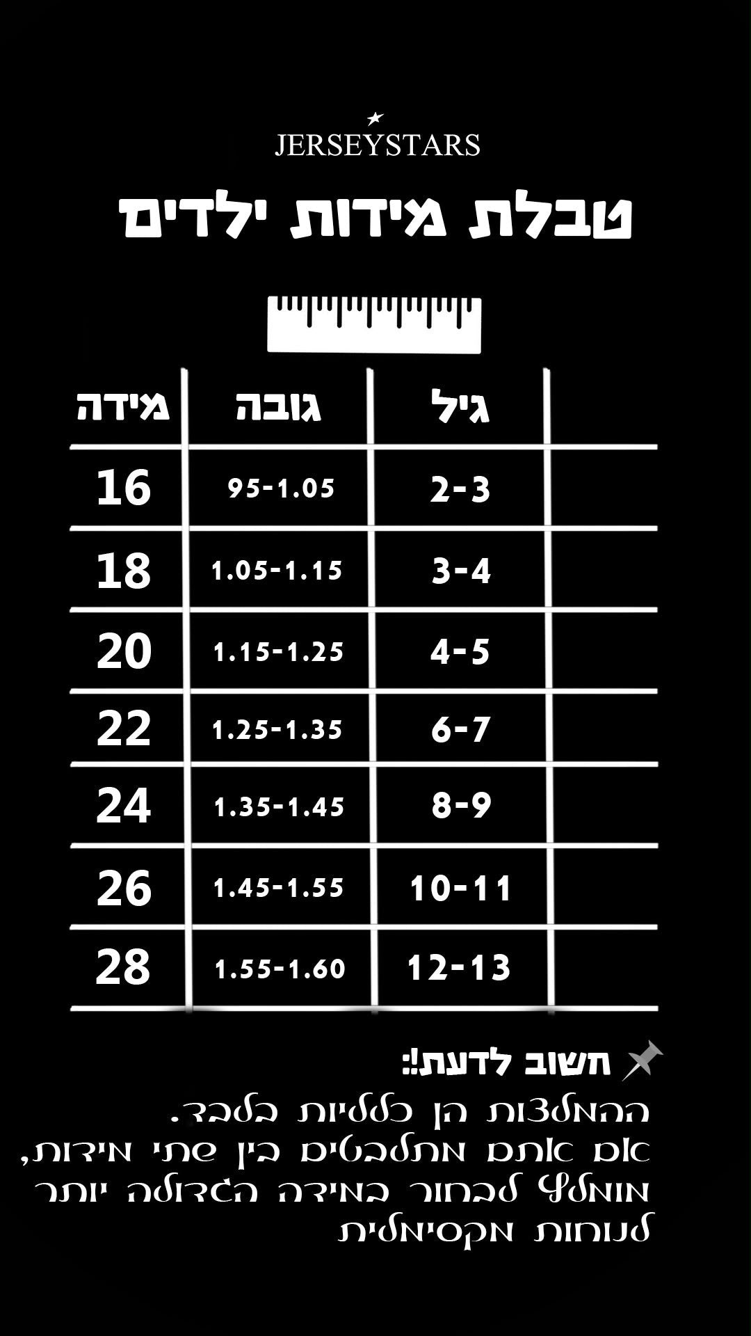 טבלת מידות לילדים